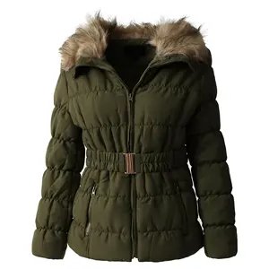 Womens Fur Lined Parka Coat with Belt Quilted Faux Fur Insulated Winter Jacket Breathable men's Parkas from Pakistan