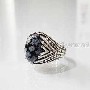 Grossiste Bague pour homme Bague flocon de neige naturel Obsidienne Pierre de naissance Bague toutes tailles Bijoux de fête arabe Bague en argent sterling 925 - Product Image 2