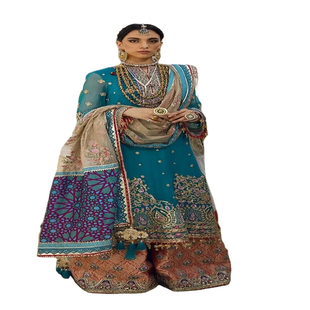 높은 주문형 파키스탄 웨딩 샤라라 드레스 무거운 자수 긴 Salwar Kameeez 대량 주문 공급 업체 인도 온라인 수출