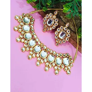 Conjunto de Collar de Acero Inoxidable Kundan, Chapado en Oro, Estilo Vintage con Circonita y Perla, para Novia o Joyería Fina para Regalo - Product Image 1