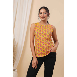 เสื้อกล้ามถักโครเชต์แขนกุดสำหรับผู้หญิง-ผ้าถักระบายอากาศได้ดีพิมพ์ลายมัสตาร์ดแบบลำลอง - Product Image 1