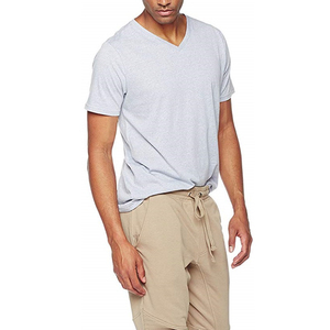 T-shirt pour homme à col en V, manches courtes, gris clair, jersey de coton, coupe décontractée, couleur unie, respirant - Product Image 1