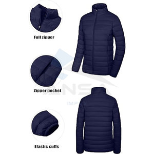 Veste matelassée légère pour femme, fermeture éclair intégrale, col montant, quatre poches, veste en polaire rembourrée, vêtements d'extérieur, bleu marine - Product Image 5