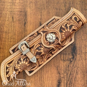 ปลอกหุ้มมีดหนังวัวแท้พับได้พร้อมห่วงเข็มขัดหนังวัวแกะสลักลายดอกไม้ตะวันตก - Product Image 1