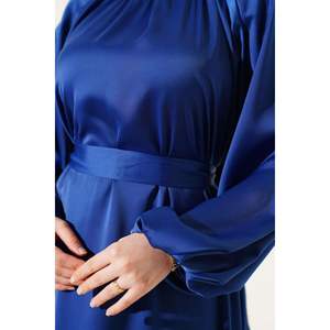 Robe de Soirée en Satin Ceinturée à Manches Ballon Indigo - Product Image 3