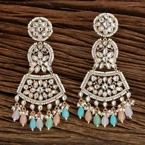 Latest Rose Gold Plated Kundan Long Earring With Pearls in Arabic Jewellery at Wholesale Price