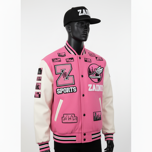 แจ็กเก็ตมี480แกรมสำหรับผู้ชายแจ็กเก็ตมาร์ซิตี้ขนสัตว์มีลายปักที่กำมะหยี่ดีไซน์แบบแผ่นหนังสีชมพูและสีขาว - Product Image 4