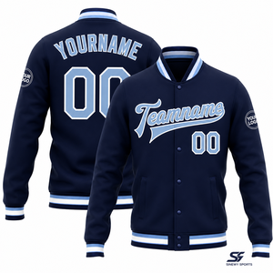 Veste de baseball universitaire bleu marine pour homme SINEWY SPORTS, style preppy, boutonnée, avec nom et numéro d'équipe personnalisés - Product Image 1