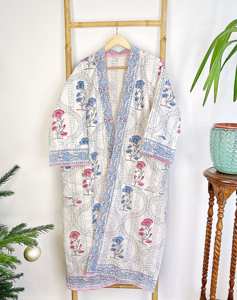 Alta calidad diseñador Kantha algodón largo Reversible Kimono bata hecha a mano Eco-moda azul Rosa Blanco Floral Gardenia 6XL playa - Product Image 5