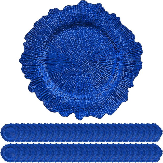 Royal Blue Charger Plates Bulk 13 Plastic Floral Reef Design Modern Thanksgiving Table Setting Decoration