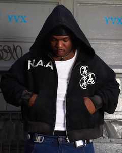 Sudaderas con capucha para hombre de algodón pesado con cremallera y lavado ácido desgastado recortado con serigrafía de diseño personalizado - Product Image 3