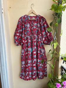 Bohème Floral Coton Maxi Robe Main Bloc Imprimé Indien Ethnique Casual Wear Techniques Brodées Gland Bouton 100% Coton - Product Image 6