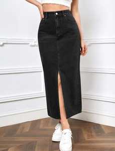 Ropa fabricante venta al por mayor mujeres niñas Denim algodón gran oferta moda hendidura falda de mezclilla personalizada Midi Jeans cintura elástica - Product Image 2