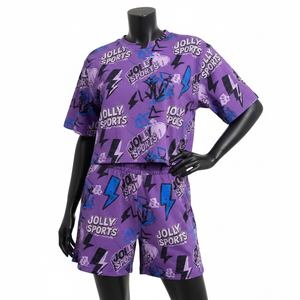 Ensemble short et t-shirt en jersey de coton violet pour femme, tissu doux et respirant, logo personnalisé par sublimation, 100% coton, crop top et short - Product Image 4