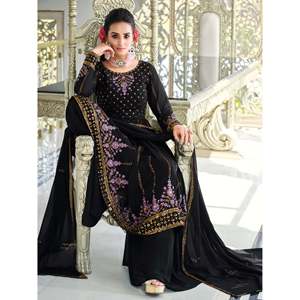 Magnifique salwar kameez bleu marine à paillettes en georgette pour réception, taille XL - Product Image 1