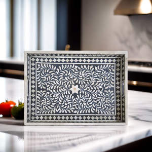 Bandeja con incrustaciones de huesos naturales, bandeja para servir hecha a mano, incrustaciones de huesos de lujo, desayuno de Ramadán, comida, fruta, café, té, bandeja decorativa a bajo - Product Image 1