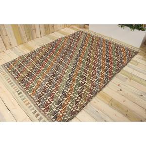 Tapis en laine Ikat turc vintage rouge 5,9x8,7 pieds, design patchwork écologique avec envers en latex - Product Image 1