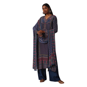 Conjunto Palazzo con estampado azul con Kurta adornado con piedra, venta al por mayor de Ropa Étnica para mujer, ropa OEM, proveedor de fábrica, atuendo personalizado - Product Image 1