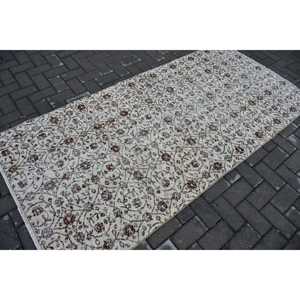 พรมขนาด 3.6x7.5 ฟุต, พรมวินเทจตุรกี, พรมขนสัตว์ลายดอกไม้สีขาว - Product Image 2