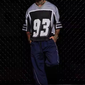 Fabricant personnalisé de maillots de football américains vintage France surdimensionné maille tricotée col en V Crop Boxy Mesh maillot de football pour hommes - Product Image 6