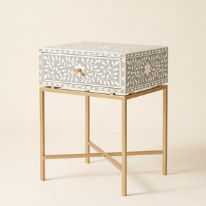 Table de chevet de luxe grise avec incrustation d'os, 1 tiroir, pieds en laiton à motif floral, meuble de chambre fait main - Product Image 4