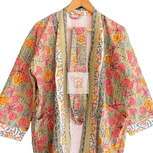 Peignoir Kantha en coton indien imprimé main bloc Peignoir Kimono en coton à imprimé floral Peignoir enveloppant - Product Image 4