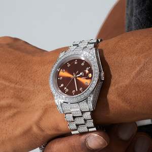 Luxury Unisex <b>Red</b> Dial Stainless Steel Moissanite Watch Crystal Rhinestones Analog Fashion Bracelet 43mm Case Mechanical Auto - Product Image 6