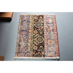 Alfombra de lana azul y beige tradicional hecha a mano, diseño de retazos rectangulares de 2,2x2,6 pies, respaldo de látex, para sala de estar, dormitorio, pasillo, alfombras nuevas - Product Image 1