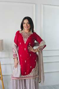 Último bordado indio Sharara Gharara Kurti conjunto en Faux Georgette hermoso diseñador paquistaní personalizar Ropa Étnica al por mayor - Product Image 3