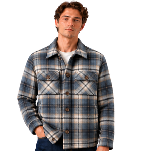 Veste en flanelle bleu gris à carreaux doublée de polaire pour homme, boutonnée sur le devant, avec poches poitrine, style overshirt décontracté pour l'extérieur en hiver - Product Image 1