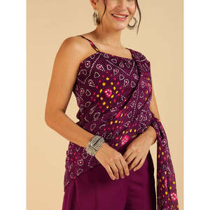 Woven Chiffon Bohemian Spring/Summer Wine Bandhani Strappy <b>Square</b> Neck Breathable Top with Sharara Saree Fusion Women Co-Ord <b>Set</b> - Product Image 2