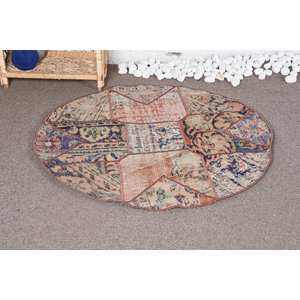 Vintage <b>Traditional</b> Wool <b>Rug</b> Beige Blue Patchwork Pattern 3.4 X 3.4 ft Size <b>for</b> <b>Living</b> <b>Room</b> Decorations Latex Turkish Style - Product Image 1