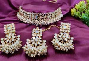 Joyería religiosa de la India hermosa gargantilla estilo Mehendi diseño polaco desgaste de fiesta espejo antiguo gargantilla collar conjunto - Product Image 2