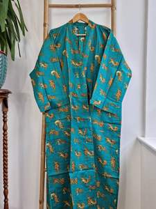 Pur coton indien bloc imprimé été Kimono profond Turquoise guépard Floral plage couverture confortable maternité maman longueur au sol - Product Image 2