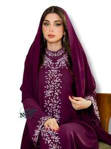 Ensemble de luxe 2 pièces pour femme musulmane, style modeste et simple, en mousseline unie, orné de perles, robe longue coupe trapèze, idéal pour les fêtes et mariages - Product Image 4