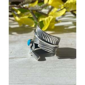 Navajo Kingman Turquoise Rose-Gold Plated Sterling Silver Feather <b>Ring</b> <b>Adjustable</b> Size Bezel Inlay Setting Licensed Private 'IS' - Product Image 4