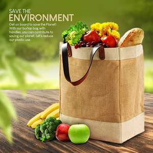 Vente en gros sac fourre-tout en jute naturelle robuste pour femmes sac d'épicerie en toile de jute écologique avec poignée en cuir - Product Image 5