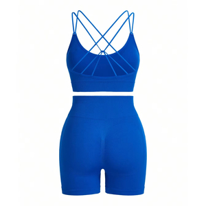 Conjunto deportivo de mujer con logotipo personalizado, sujetador transpirable con espalda abierta, mallas para trasero fruncidas de secado rápido sostenibles, pantalones cortos para entrenamiento de Yoga - Product Image 6