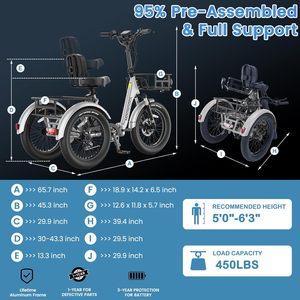 จักรยานสามล้อไฟฟ้าสำหรับผู้ใหญ่จักรยานสามล้อ TK Pro 500W/750W 48V 20 "พับได้กำลังไฟสูงสุด1100W จักรยานไฟฟ้า3ล้อ - Product Image 6