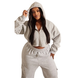 Parche de chándal de mujer de gran tamaño con logotipo personalizado bordado recortado con cremallera desgastada personalizada conjunto de Sudadera con capucha Joggers mujer chándal - Product Image 2