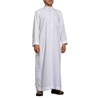 Thobe blanc pour homme à manches longues, col montant, longueur au sol, en coton, vêtement de prière islamique modeste, style Moyen-Orient