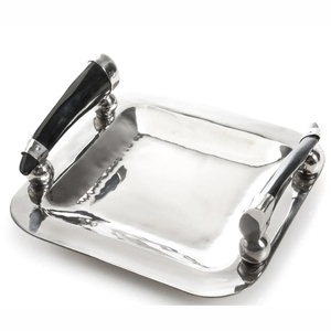 Bandeja de Servicio de Metal Martillado Hecha a Mano con Asas de Resina con Incrustaciones de Cuerno, Bandeja Decorativa Otomana Pulida de Primera Calidad - Product Image 1