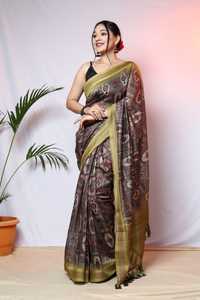 Digitale Bedrukte Sari 'S Met Gouden Rand En Blouse Traditionele Kleding Feestkleding Functie Dragen Mooie Kleur - Product Image 5