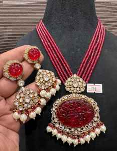 Ensemble de colliers Polki de créateur de luxe en plaqué or avec boucles d'oreilles Bijoux de mariée pour mariage et fête - Product Image 1