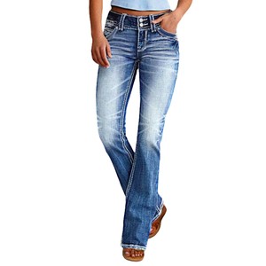 Bangladesh marque de vêtements femmes jambe droite classique bleu lavage Denim tissu délavé couleur délavée femmes personnalisé Flare jeans pantalons femmes - Product Image 3