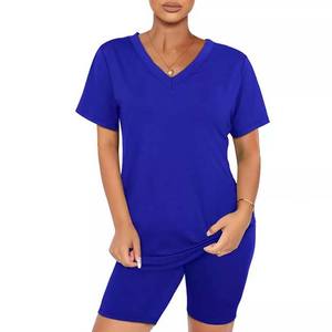 Vêtements d'été pour femmes, ensemble deux pièces à manches courtes, tenue décontractée, couleur bleue, en coton et polyester, ensemble 2 pièces, 2025 - Product Image 3