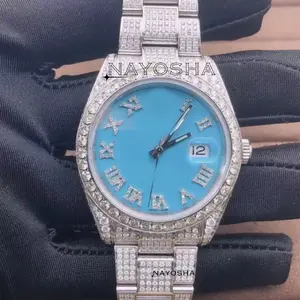 Latest Design SkyBlue Dial Colour Sterling Silver Watch For Male and Female Luxury Fine Jewelry Moissanite Diamond Studded Watch