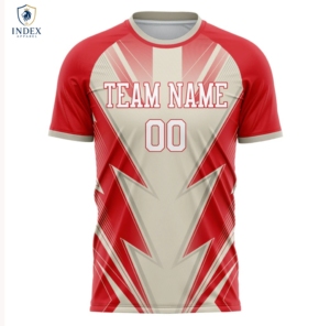 เสื้อฟุตบอลผู้ชาย INDEX APPAREL แบบซับลิเมชั่น คอกลม แขนสั้น สีแดงเบจ ลายเรขาคณิต ระบายเหงื่อได้ดี ทรงแอธเลติก - Product Image 1