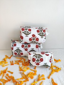 Set 3 Eco-Friendly White Floral Cotton Makeup <b>Bags</b>-Quilted for Wash <b>Bag</b> Hand Block Print Pouch Large Vintage Style Travel - Product Image 5