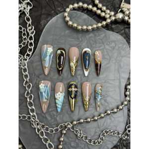 Uñas Postizas con Diseño de Jardín Azul Dorado, Elegante Diseño de Jardín con Acentos Azules Dorados - Product Image 1